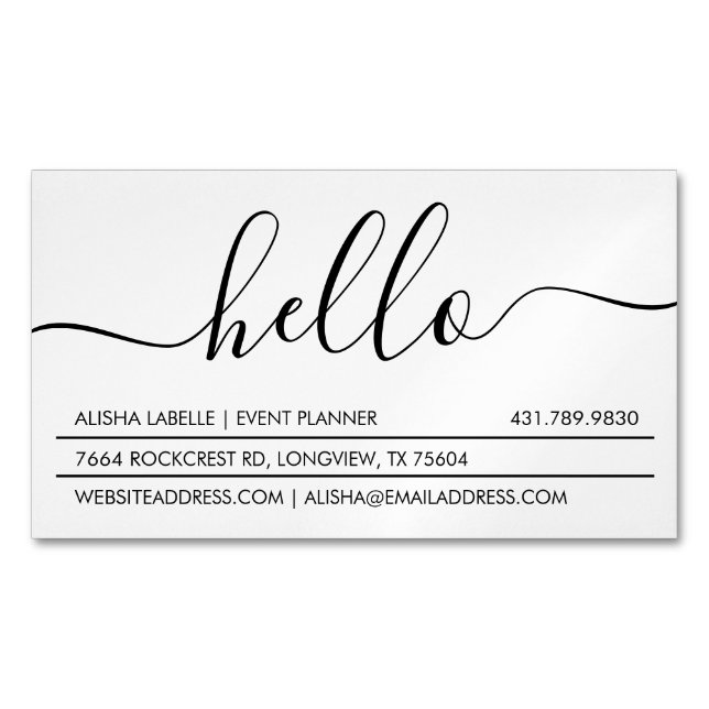 Carte De Visite Magnétique Script Hello | Blanc minimal moderne et élégant (devant)
