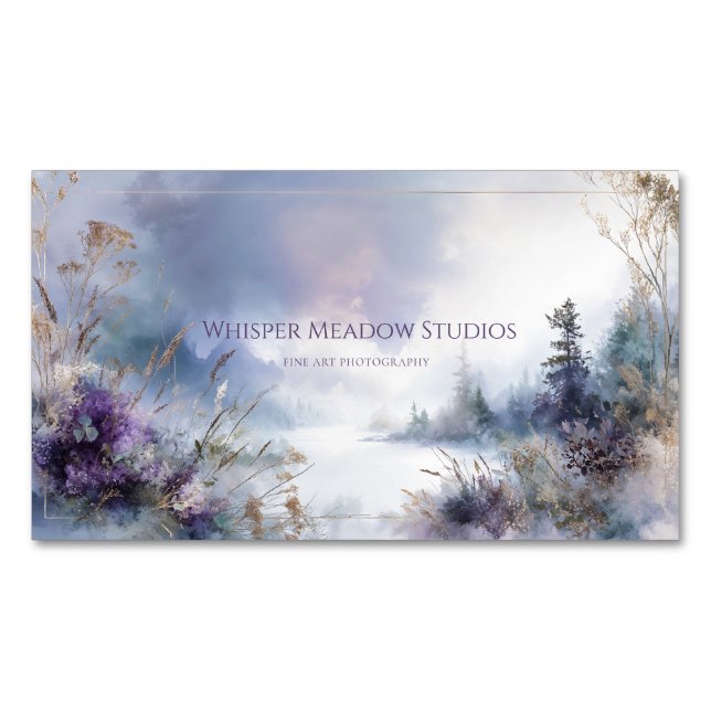 Carte De Visite Magnétique Serene Misty Lake Purple Floral Gold Sparkle (devant)