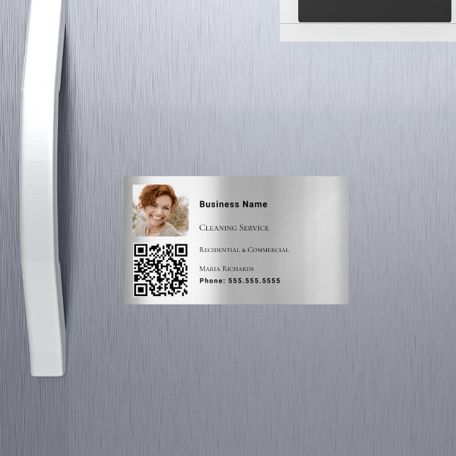 Carte De Visite Magnétique Service de nettoyage argent photo code QR (Créateur téléchargé)