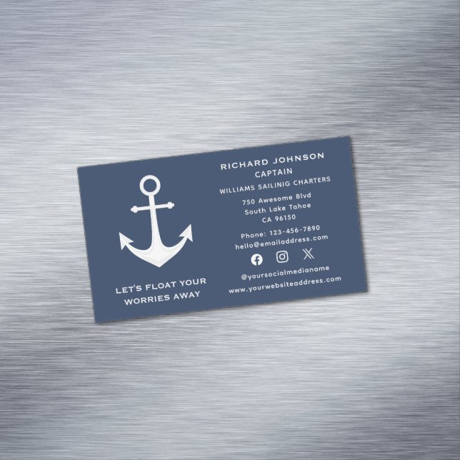 Carte De Visite Magnétique Social Media Bleu nautique Blancs Ancre bateau Yac (In Situ)
