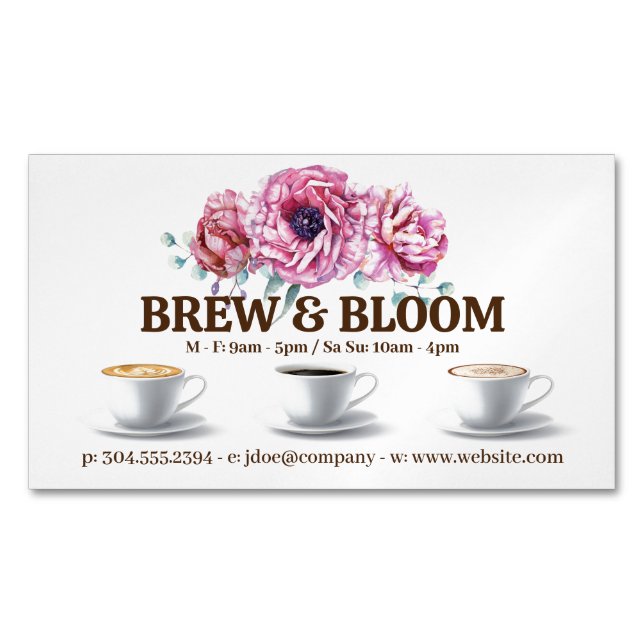 Carte De Visite Magnétique Tasses à café et fleurs (devant)