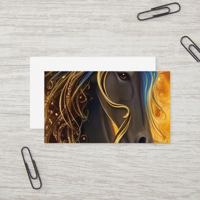 Carte De Visite Magnifique Cheval foncé Triptyque (Devant/Arrière en situation)