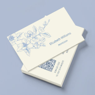Carte De Visite Magnolia Crème Bleu Floral Moderne Code QR