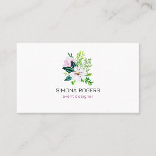 Carte De Visite Magnolia rose et feuilles, bouquet aquarelle