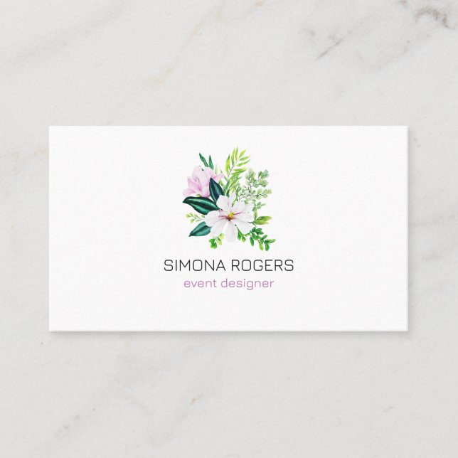 Carte De Visite Magnolia rose et feuilles, bouquet aquarelle (Devant)