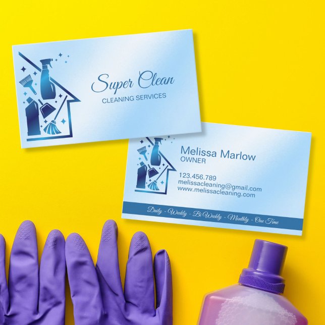 Carte De Visite Maid Cleaning House professional Cleaning Services (cleaning tools logo for cleaning services business, residential and commercial. blue color)