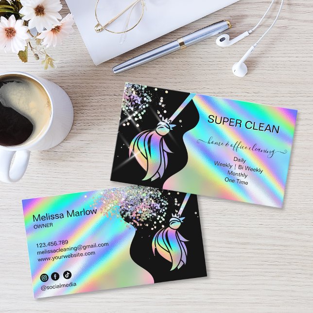 Carte De Visite Maid Cleaning House Sparkling Holograph Business C (Maid Cleaning House Sparkling Business Card with holographic broom logo, glitter and water splash)