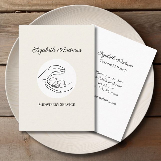 Carte De Visite Main tenant un bébé - Illustration d'art en ligne (Hands holding A Baby - Line Art Illustration Beige White Business Card)