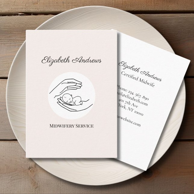 Carte De Visite Main tenant un bébé - Illustration d'art en ligne (Hands holding A Baby - Line Art Illustration Blush White Business Card)