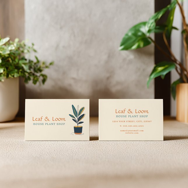 Carte De Visite Maison de loisirs moderne Plante Boutique s'amuser (House plant shop business card with potted plant on the front)