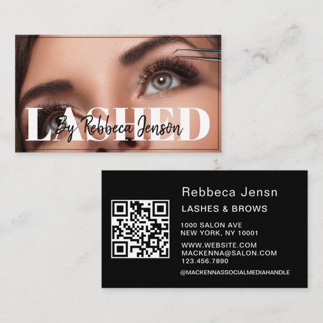 Carte De Visite Makeup Artist Eyelash Lashes Black & White script  (Devant / Derrière)