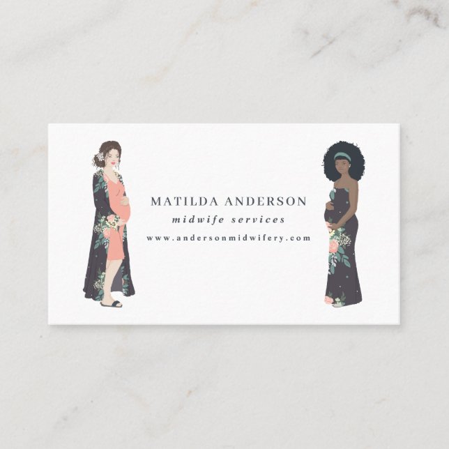 Carte De Visite Maman enceinte illustrée colorée + sage-femme (Devant)