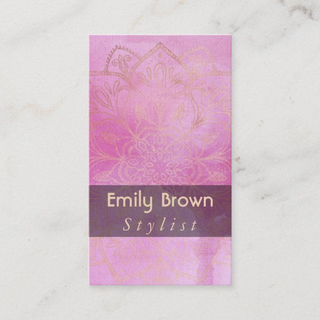 Carte De Visite Mandala d'or au-dessus de l'aquarelle rose-foncé (Devant)