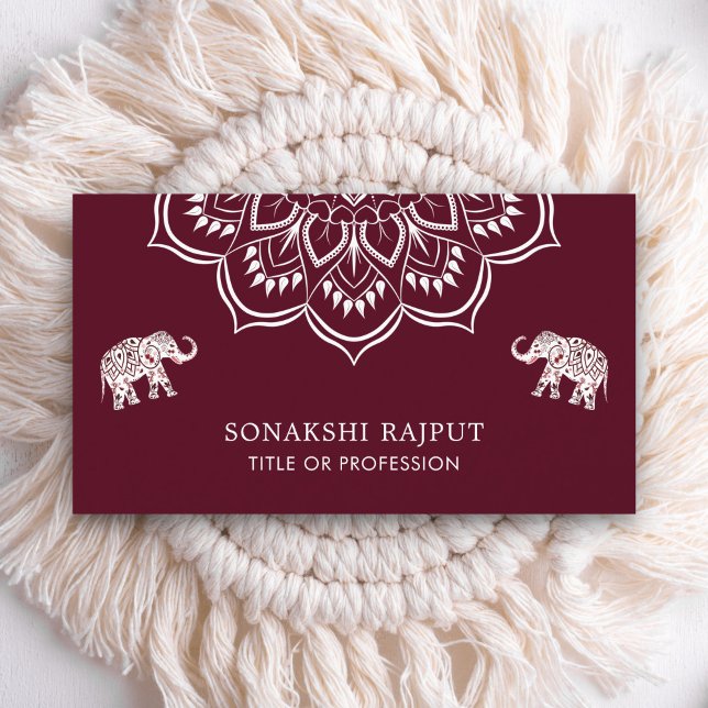 Carte De Visite Mandala Elephants indiens de Bourgogne (Créateur téléchargé)