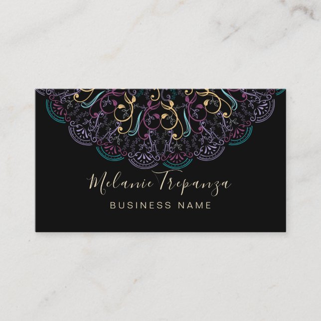 Carte De Visite Mandala floral boho en noir pour professionnel (Devant)