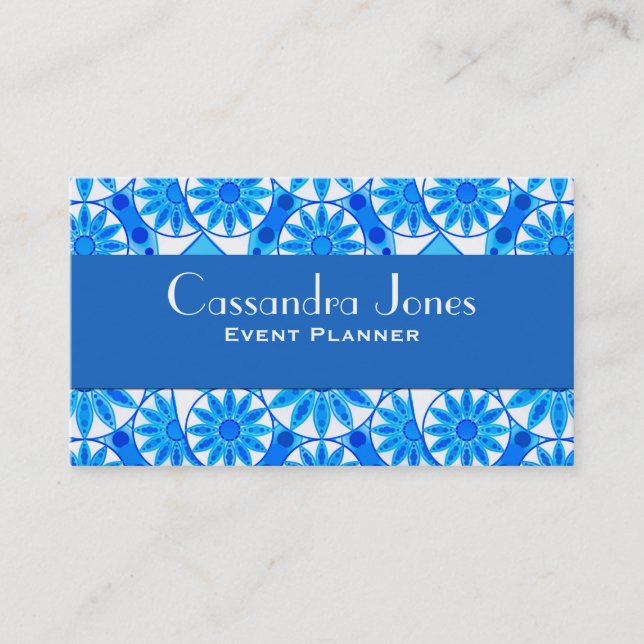 Carte De Visite Mandala motif, bleu cobalt, turquoise et blanche (Devant)