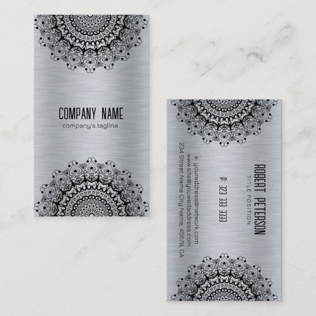 Carte De Visite Mandala Noir Sur Image Texture Métallique Argent (Devant / Derrière)