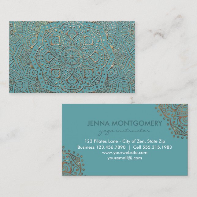 Carte De Visite Mandala turquoise élégant d'or de Boho | (Devant / Derrière)
