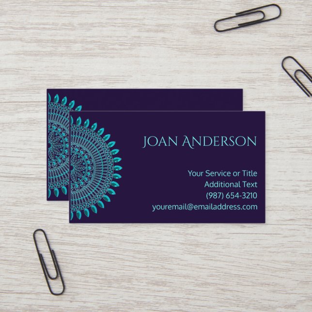 Carte De Visite Mandala turquoise souple (Devant/Arrière en situation)