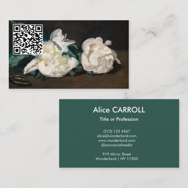 Carte De Visite Manet - Branche Peonies blanches, Secateurs - Code (Devant / Derrière)