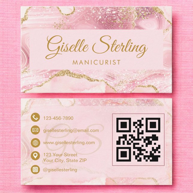 Carte De Visite Manicurist Blush Pink Gold Agate QR Code (Créateur téléchargé)