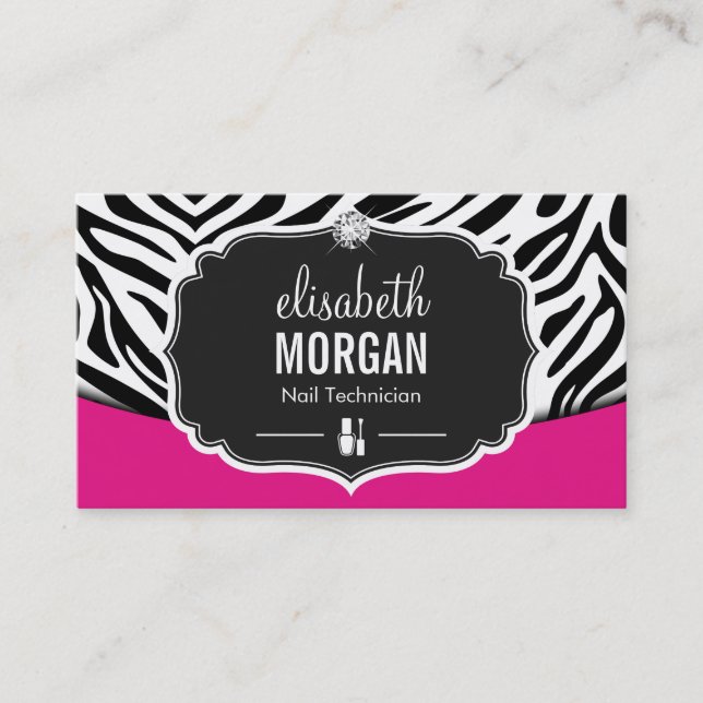 Carte De Visite Manicuriste Nail Technicien Black Pink Zebra Print (Devant)
