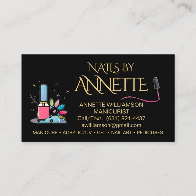 Carte De Visite Manicuriste Nail Technicien Noir Gold Nom (Devant)