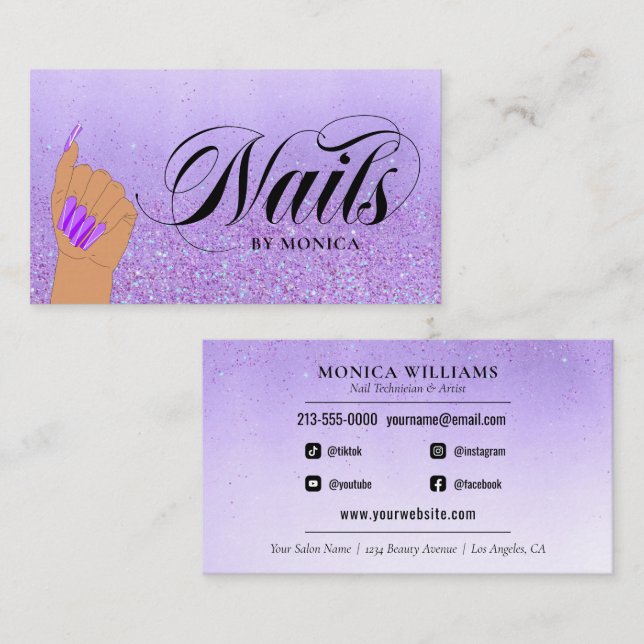 Carte De Visite Manucure à ongles Tech violet Parties scintillant  (Devant / Derrière)