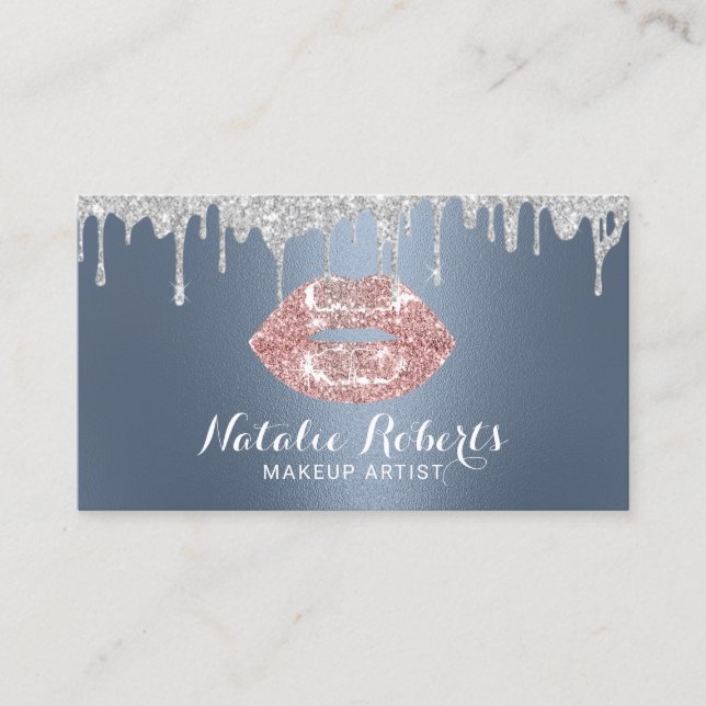 Carte De Visite Maquillage Artiste Argent Drips Chic Lips Dusty Bl (Devant)