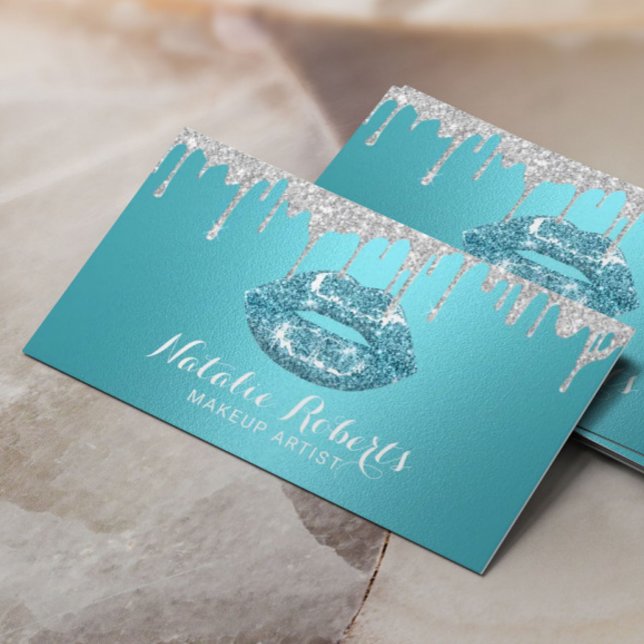 Carte De Visite Maquillage Artiste Argent Drives Turquoise Lips Sa (Créateur téléchargé)