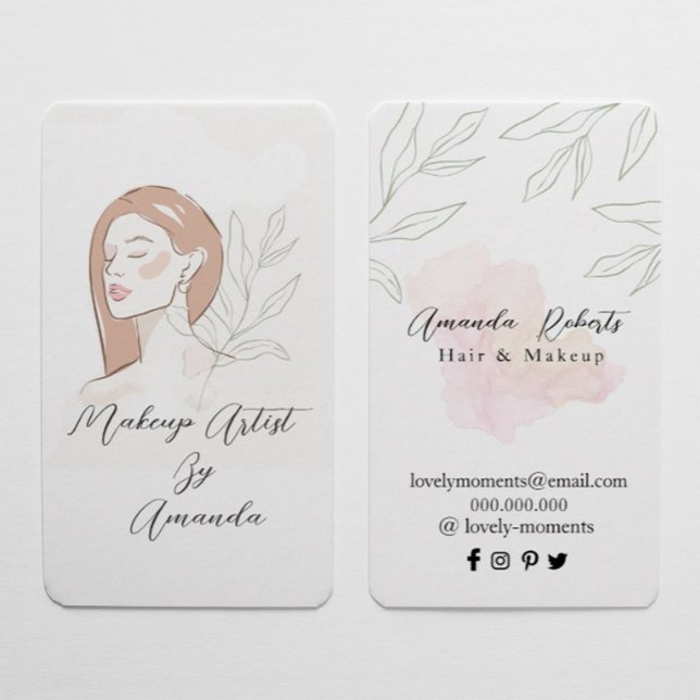 Carte De Visite Maquillage Artiste Chic Beauté Naturel (#zazzlemade #beautynarural #makeupartist #proffissinal #watercolor #skincare #hair organic #leaves)