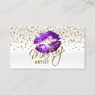 Carte De Visite Maquillage Artiste Confetti d'or et lèvres violet