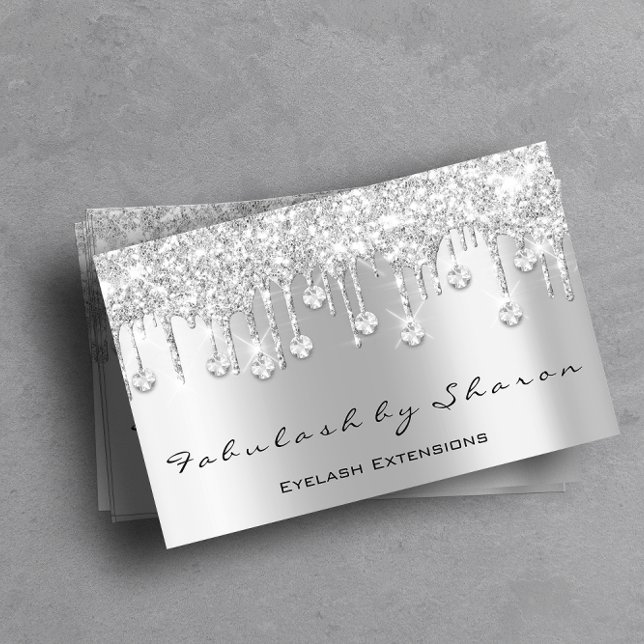 Carte De Visite Maquillage Artiste Eyelash Diamond Drives Parties  (Makeup Artist Eyelash Diamond Drips Silver Glitter Business Card)