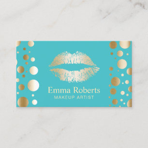 Carte De Visite Maquillage Artiste Gold Lips Dots modernes Turquoi