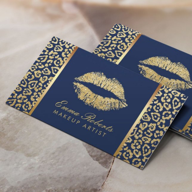 Carte De Visite Maquillage Artiste Gold Lips Luxe Leopard Navy Blu (Créateur téléchargé)