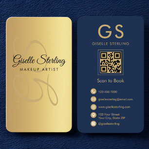 Carte De Visite Maquillage Artiste Gold Marine bleu QR Code Monogr