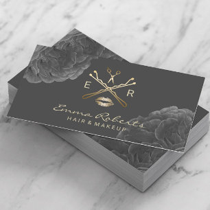 Carte De Visite Maquillage Artiste Hair Styliste Dark Floral Gold