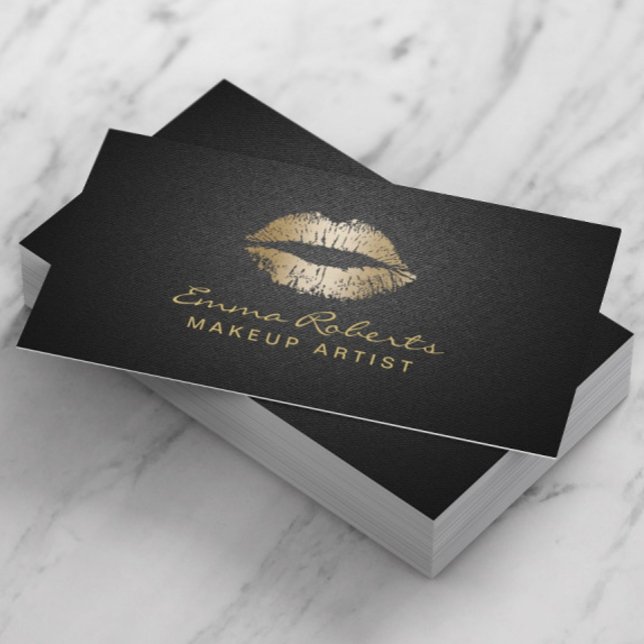 Carte De Visite Maquillage Artiste Moderne Lips Or Élégant Noir (Créateur téléchargé)