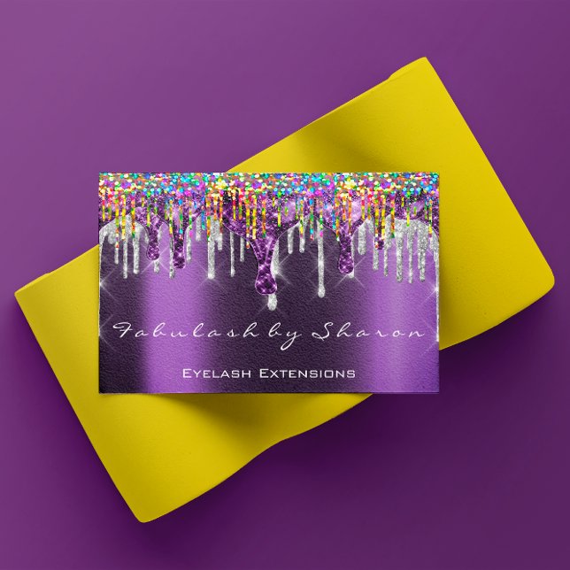 Carte De Visite Maquillage Artiste Nails Déchets Argent Holographe (Makeup Artist Nails Silver Drips Purple Holograph Business Card)