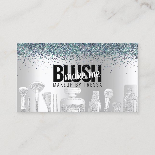 Carte De Visite Maquillage Artiste Parties scintillant Argent + Pe (Devant)