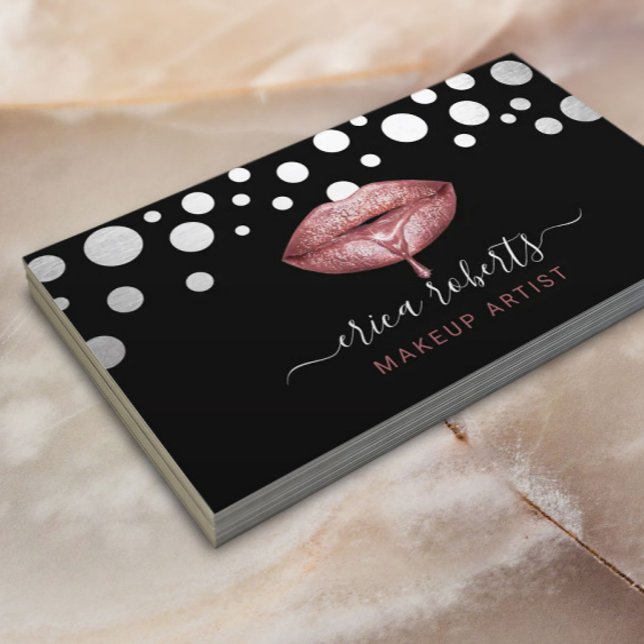 Carte De Visite Maquillage Artiste Rose Gold Lips Pois (Créateur téléchargé)