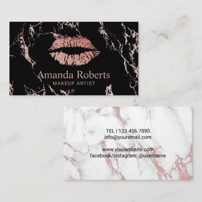 Carte De Visite Maquillage Artiste Rose Gold Lips Salon de Marbre  (Devant / Derrière)