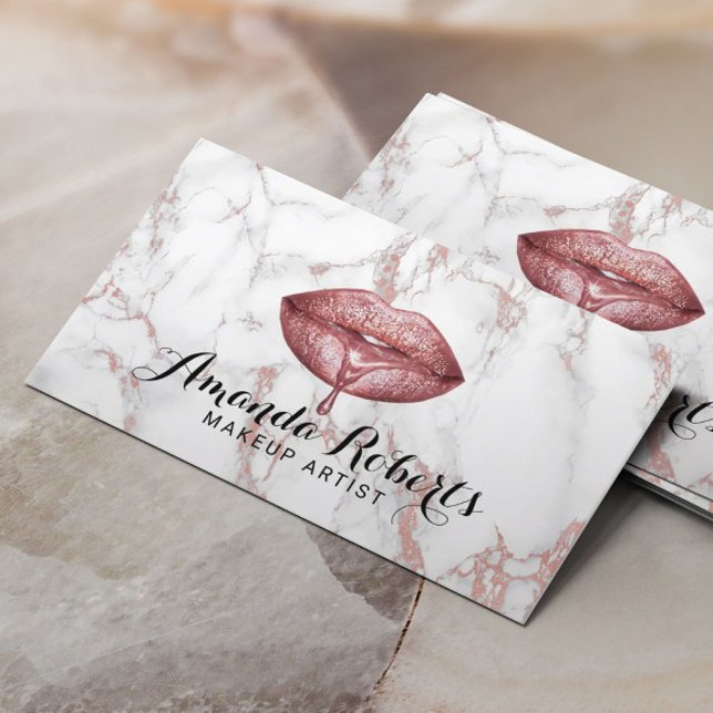 Carte De Visite Maquillage Artiste Rose Gold Marble Lèvres Salon (Créateur téléchargé)