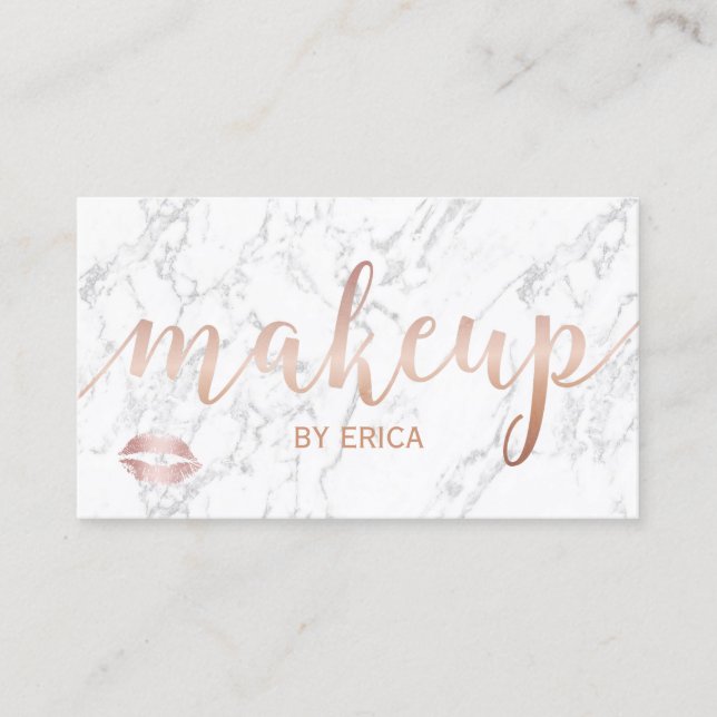 Carte De Visite Maquillage Artiste Rose Gold Script Marbre élégant (Devant)