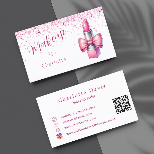 Carte De Visite Maquillage artiste rouge à lèvres rose QR code Car (Créateur téléchargé)