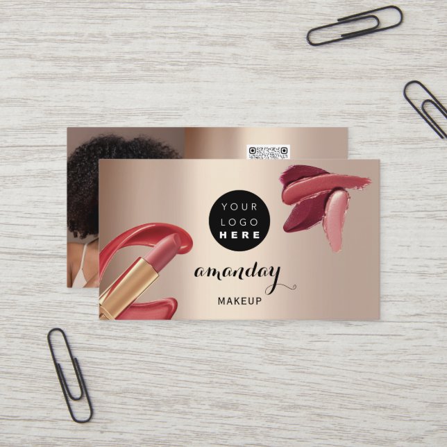 Carte De Visite Maquillage Artiste Rouge Rose Or photo Code QR (Devant/Arrière en situation)