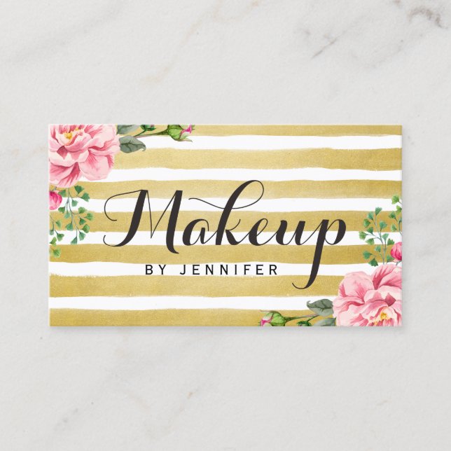 Carte De Visite Maquillage Artiste Script Classy Floral Gold Strie (Devant)