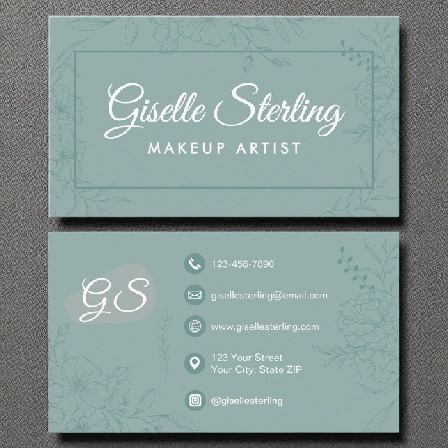 Carte De Visite Maquillage Artiste Turquoise Floral Line Art Scrip (Créateur téléchargé)