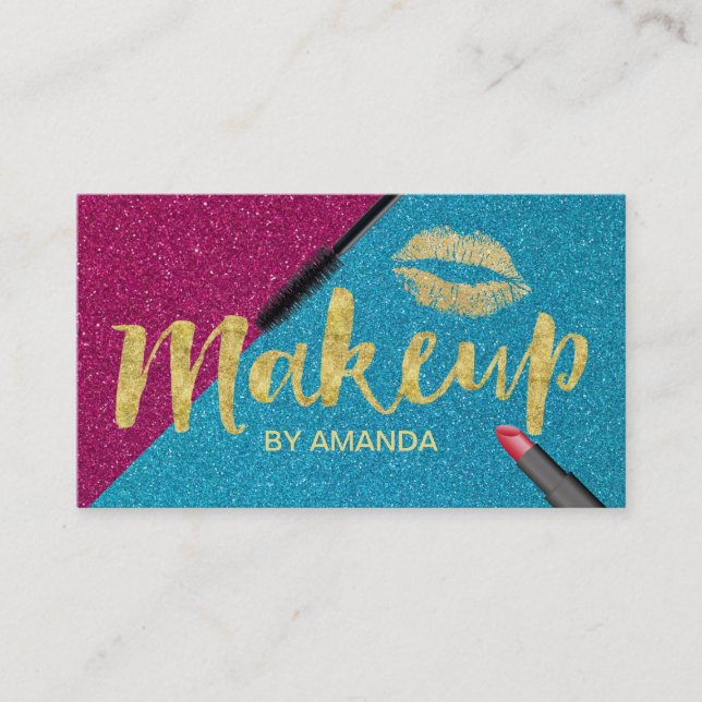 Carte De Visite Maquillage Artiste Turquoise & Purple Gold Script (Devant)