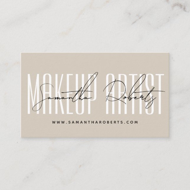 Carte De Visite Maquillage artiste typographie moderne script beig (Devant)